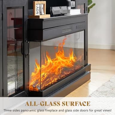 AMERLIFE 75in 3-Sided Glass Fireplace TV Stand with LED Lights for TVs up to 85", Rustic Fireplace Media Entertainment Center Console Cabinet Table with Glass Door Closed Storage, Black - Image 3