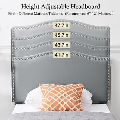 VECELO Twin Bed Frame, Platform Bed Frame with Adjustable Height Upholstered Headboard, Heavy-Duty Frame and Strong Wooden Slats Support, Non-Slip and Noise-Free, Easy Assembly, Dark Grey - Image 6