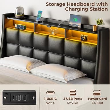 Rolanstar Full Size Bed Frame with LED Lights and Charging Station, PU Leather Bed Storage Headboard & Drawers, Heavy Duty Wood Slats, Easy Assembly, Black - Image 4