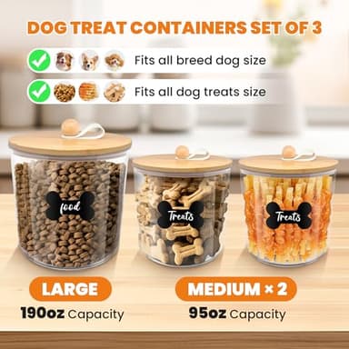 HOYTAMDAR 3 Pack Airtight Dog Food Storage Container, Dog Treat Container Dog Food Containers with Bamboo Lids 8x7''&6x5'',Pet Food Storage Container,Cat Food Container with Scoops,Clamp,Labels,Pen - Image 6