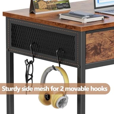 Furologee Small Computer Desk with 2 Fabric Drawers for Bedroom,34 Inch Home Office Writing Desk, Vanity Desk with Hooks, Simple Study Desk for Small Spaces, Makeup Dressing Table, Rustic Brown - Image 5