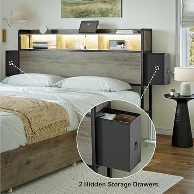 HAUSOURCE Queen Bed Frame with Bookcase Headboard and 2 Drawers LED Lights Metal Platform Non-Slip Without Noise Strong Metal Slats Support No Box Spring Needed (Greige, Queen) - Image 9