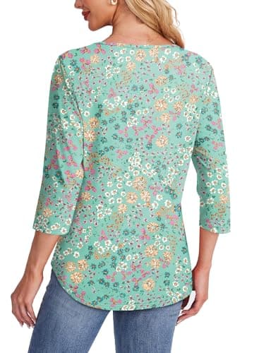 Summer Shirts for Women Oversized Tshirts Pleated Front 3/4 Length Sleeves Fashion Trendy Blouses Cute Plus Size Tops Floral Green 2XL - Image 5