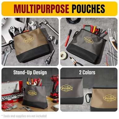 The Ryker Bag Canvas Zipper Tool Pouch (2-Set): Small Utility Tool Pouch Bag w/Hard Bottom. Small Waterproof Tool Bag Organizer w/carabiners, Khaki + Gray - Image 2