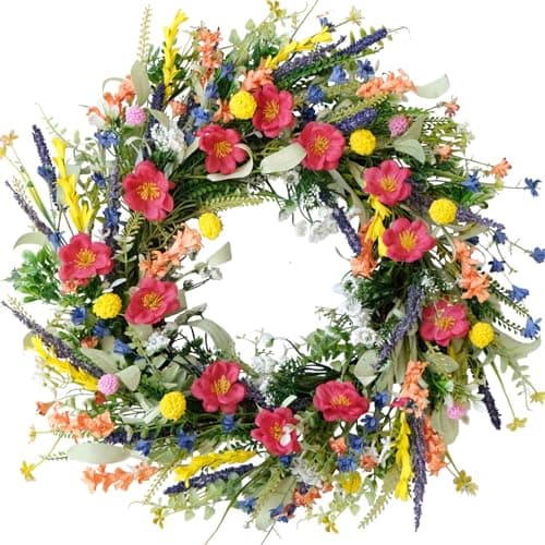 TEMPUS 22'' Wildflower Wreath Spring and Summer Artificial Flower and Lavender Wreath for Front Door Home Wall Wedding Holiday Farmhouse Holiday Decoration - Image 1