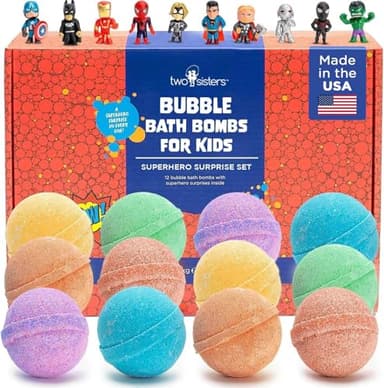 Superhero Boys Bath Bombs with Surprise Hero Toys Inside (12 Pack) - Large Bubble Bomb, Fruity Scents, Relaxing Aromas - Ideal Birthday Gift for Kids by Two Sisters - Image 1