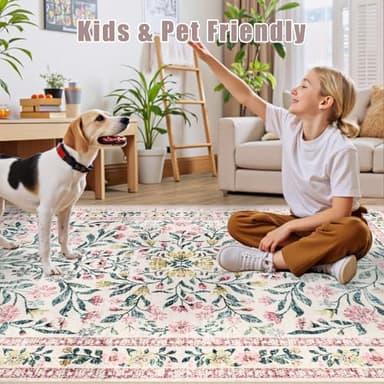 Area Rugs 9x12 Living Room: Floral Washable Rug Vintage Large Soft Boho Non-Slip Carpet Indoor Stain Resistant Low Pile Carpets for Bedroom Dining Room Farmhouse Nursery Hallway Home Office Pink Green - Image 7