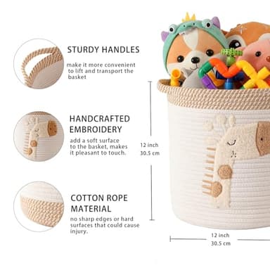 INough Toy Storage Baskets Woven Cotton Rope Storage Basket for Kids, Blanket Baskets for Living Room Toys Organizer with Embroidery Decor, Cute Baskets with Handle for Nursery, Playroom (Giraffe) - Image 5