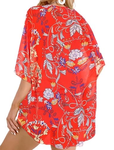 Summer Kimono Cardigan for Women Sheer Boho Tops Casual Open Front Swimwear Shirts Beach Cover ups (Boho Red,L) - Image 5