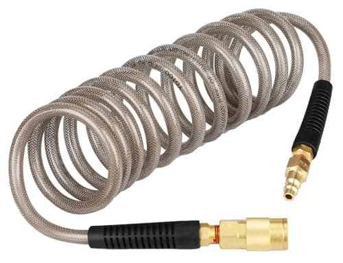 YOTOO Reinforced Polyurethane Recoil Air Hose 1/4" Inner Diameter by 10' Long, Heavy Duty, Flexible Air Compressor Hose with Bend Restrictor, 1/4" Swivel Industrial Quick Coupler and Plug, Gray - Image 1