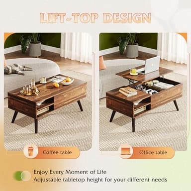 WLIVE Lift Top Coffee Table for Living Room,Small Coffee Table with Storage, Adjustable Shelf and Storage Compartment, Mid Century Modern Living Room Table, Wood, Rustic Brown - Image 7