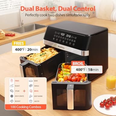 12QT Large Dual Air Fryer, 10-in-1 Double Zone Airfryer with 2×6QT Baskets, 60° Easy-Panel with Full Touchscreen, SyncCook Function, Viewing Window, Nonstick & Dishwasher Safe, 2 Dishes at Once, Black - Image 3