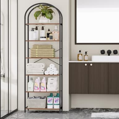 Homhedy 6-Tier Bookshelf Arched Display Racks, Wood and Metal Bookcase, Tall Bookshelf, Industrial Display Standing Shelf Unit, for Home Office, Living Room, Bedroom, Bathroom, Rustic Brown - Image 7