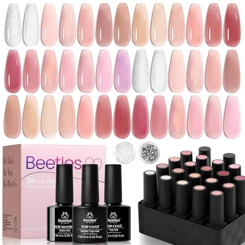 Beetles Nude Pink Gel Nail Polish Set, Nude Paradise Gel Polish Kit 25PCS 20 Colors Jelly Pink Sheer Glitter White Soak Off UV Base Glossy Matte Top Coat Pearls Rhinestones Nail Charms Gift for Women - Image 1