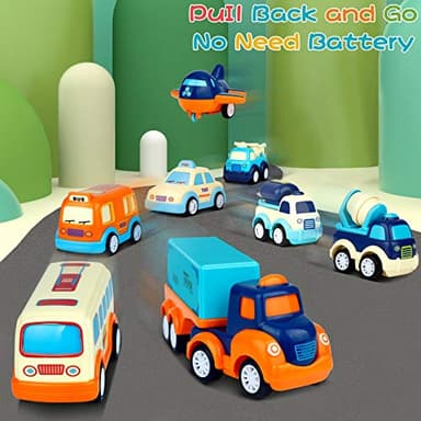 9 Pack Cars Toys for 2 3 4 5 Years Old Toddlers Boys & Girls Gift, Big Transport Truck with 8 Small Cute Pull Back Trucks, Carrier Truck with Sound & Light 13.5 * 5.5 inch, 2.5 *1.6 inch - Image 4
