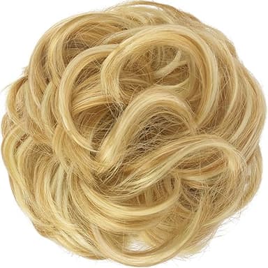 FESHFEN Messy Bun Hair Pieces - Large Wavy Curly Elastic Hair Bun Scrunchies Ponytail Extensions Synthetic Chignon Hairpieces for Women, Strawberry Blonde & Bleach Blonde 1.94oz - Image 2