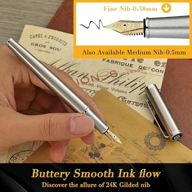 BEILUNER Luxury Fountain Pen Set, Solid 24K Gilded Fine Nib, Silver Stainless Steel Body- Includes 6 Ink Cartridges & Ink Refill Converter with Gift Case - Perfect for Men and Women - Image 4