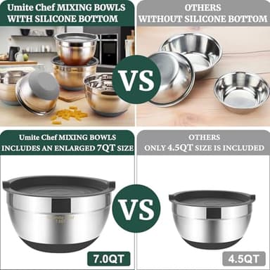 Umite Chef Mixing Bowls with Airtight Lids，6 piece Stainless Steel Metal Nesting Storage Bowls, Non-Slip Bottoms Size 7, 3.5, 2.5, 2.0,1.5, 1QT, Great for Mixing & Serving(Grey) - Image 3