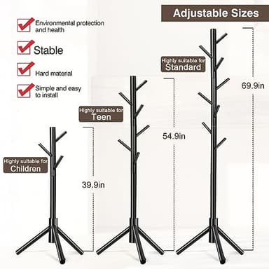 WANGMUXIA Coat Rack, Freestanding Coat Rack with 8 Hooks and 3 Adjustable Size Tree Coat Racks for Bedroom, Hallway, Entrance, Office, for Hats, Coats, Scarves, Handbags - Image 6