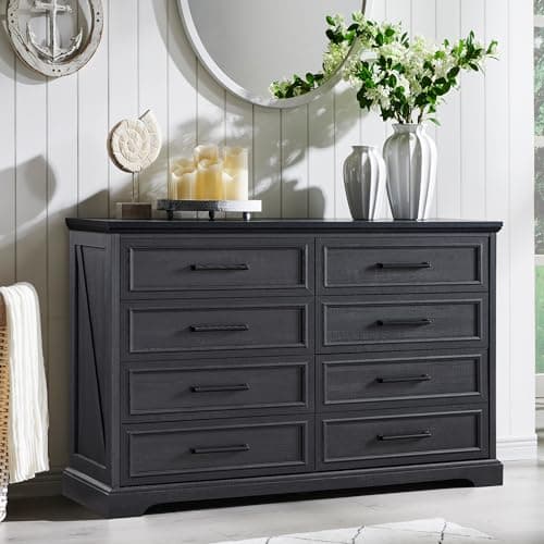 ACCOHOHO Farmhouse 8 Drawers Dresser Chests for Bedroom,52" Wide Wood Rustic Chest of Drawers with Metal Handle,Natural Texture,Drawer Organizer for Bedroom,Living Room,Hallway and Entryway,Black - Image 1