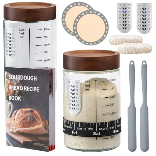 Sourdough Starter Kit,34oz Sourdough Starter Jar Glass with Sourdough Recipes Cookbook.Sourdough Bread Baking Supplies with Thermometer,Natural Wooden Lid, Anti-slip Mat,Sourdough Jar scraper (2 pack) - Image 1