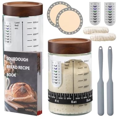 Sourdough Starter Kit,34oz Sourdough Starter Jar Glass with Sourdough Recipes Cookbook.Sourdough Bread Baking Supplies with Thermometer,Natural Wooden Lid, Anti-slip Mat,Sourdough Jar scraper (2 pack) - Image 1