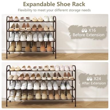 Gewudraw 4-Tier Shoe Rack,41.53'' Closet Shoe Organizer for Bedroom, Entryway,Expandable Metal Shelf up to 24 Pairs Shoes,Brown - Image 4