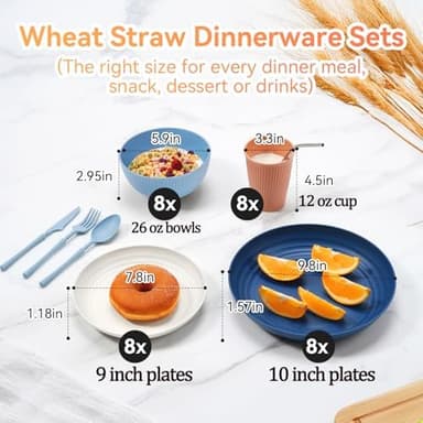Wheat Straw Dinnerware Sets,64-Piece Black Plates and Bowls Sets for 8-Unbreakable,Reusable Plastic Dish Set-Dinner Plate/Dessert Plate/Cereal Bowl/Cup/Utensils-Microwavable Dishwasher Safe 64P-BLACK - Image 2
