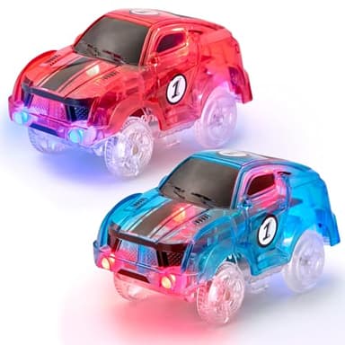 JitteryGit Replacement Light Up Magic Cars For Glow Flex Tracks - Extra LED Car Accessories For Race Track & Glow In The Dark Trax - Compatible with Most Tracks For Kids Boys and Girls (2 Racers Pack) - Image 1