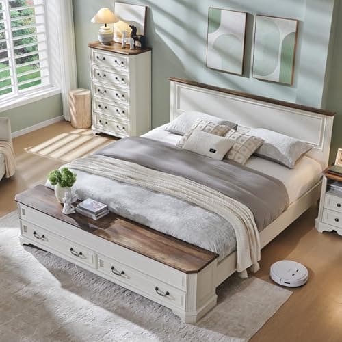 T4TREAM Farmhouse King Bed with Headboard and Storage Bench, Rustic Wood Platform Bed with 80" Storage Chest w/ 4 Large Drawer (Antique White) - Image 1
