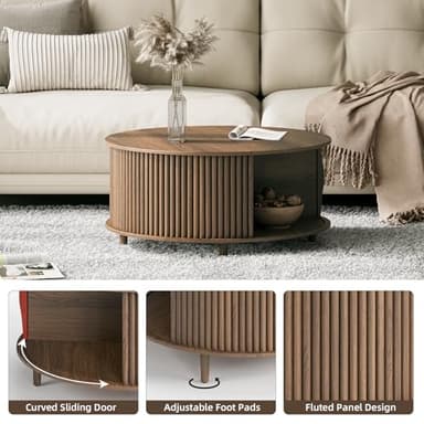 JOINICE, Round Coffee Table with Storage, Mid Century Modern Center Table with Sliding Cabinet Door, Fluted Dining Table for Living Room, Home Small Space, 31.5", Walnut - Image 4