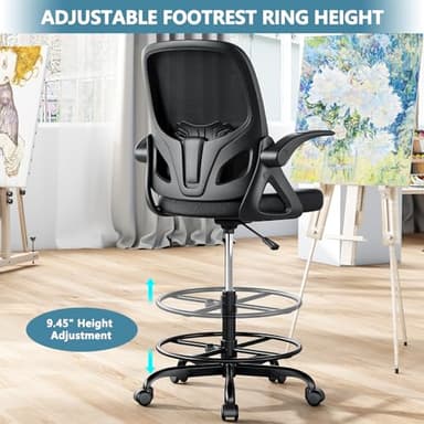 Kensaker Tall Drafting Chair with Footrest Ring for Home and Work, Ergonomic Home Desk Office Chair with Flip up Arms and Lumbar Support, Extended Height Executive Desk Office(Black) - Image 6