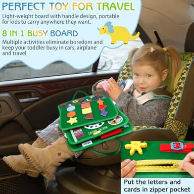 Esjay Toddler Busy Board Montessori Toys, Sensory Board Educational Activities for Learning Fine Motor Skills, Gifts for Girls Boys Toddlers, Travel Toys for Airplane Car,Green Dinosaur - Image 4