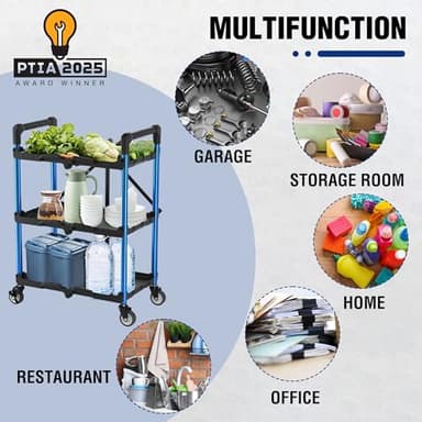 WORKPRO 3-Tier Collapsible Service Cart, 210 LBS Foldable Utility Service Cart with Wheels, Portable Tool Cart for Garage, Warehouse, Home, Restaurant, Office (No Assembly Required) - Image 7
