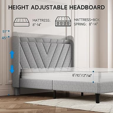 koorlian Queen Bed Frame, Linen Adjustable Upholstered Platform Bed Frame with Type-C&USB Port, Wingback Storage Headboard, Solid Wood Slats Support, No Box Spring Needed, Noiseless, Light Gray - Image 6