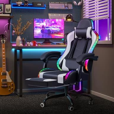 Homall Gaming Chair, Video Game Chair with Footrest and Massage Lumbar Support, Ergonomic Computer Chair Height Adjustable with Swivel Seat and Headrest (RGB White) - Image 2