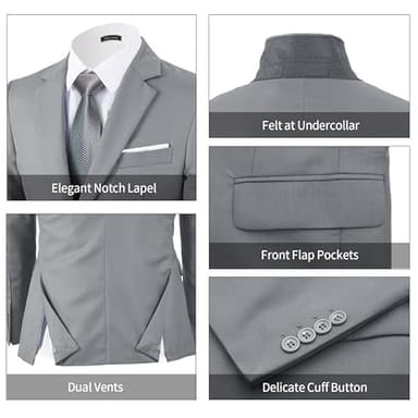 WEEN CHARM Suits for Men,3 Piece Slim Fit Suit Set with 2-Button Blazer,Vest,Pants,Tuxedo for Wedding,Prom,Party,Business Light Grey - Image 5