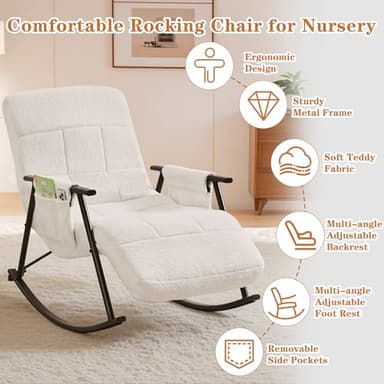VECELO High Back Nursery Rocking Chair with Foot Rest, Teddy Upholstered Reclining Glider Rocker, Comfy Armchair Padded Seat Removable Side Pockets for Living Room, Bedroom, Balcony, White - Image 4