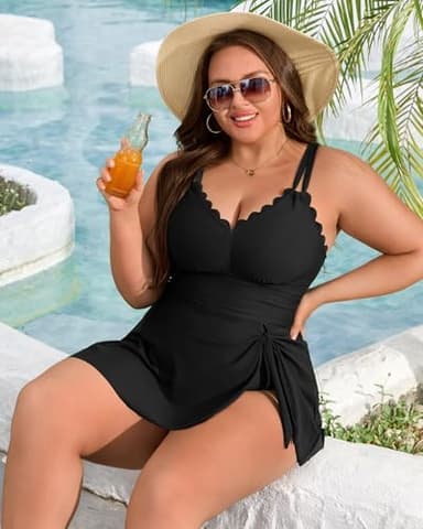 Charmo Plus Size Bathing Suit for Women One Piece Swimdress Tummy Control Ruched Swimsuits Scalloped V Neck Swimwear Black 3X - Image 5