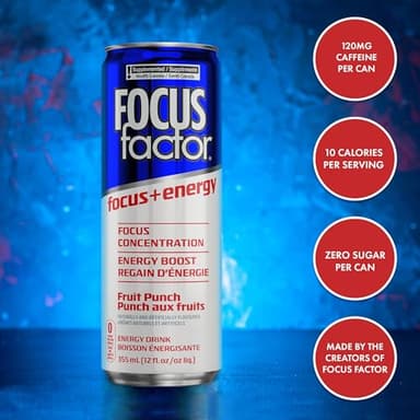 Focus Factor Energy Drink - 12 x 355ml Cans (Fruit Punch Flavour) - with Focus + Energy - Lightly Carbonated, Sugar Free, Low Calorie with Vitamin B6 & Vitamin B12 - Image 5