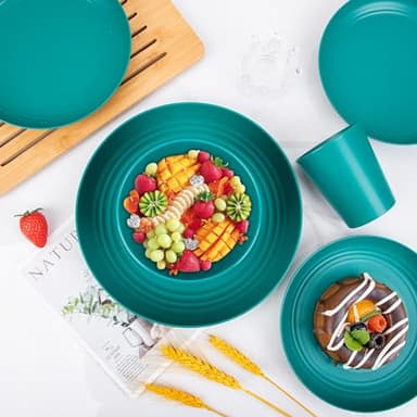 LIYH 48 Pcs Green Wheat Straw Plates and Bowls set - Plastic Dinnerware Set - Dishwasher Safe Camping Plates Dishes Set for 12, Unbreakable Wheat Straw Plate Bowls Reusable 12 Guests - Image 5