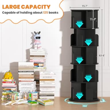 Besiost Rotating Bookshelf Tower, 5 Tier Spinning Bookcase, Revolving 360 Book Shelf Narrow Tall Bookcase, Vertical Turning Round Bookshelf Organizer, Wood Corner Book Shelf for Small Space, Black - Image 3