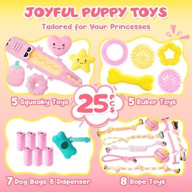 KIPRITII 25-Pack Pink Dreamy Dog Toy Set for Small Female Puppies - Includes Sweet Rope Toys, Chew Toys, Cute No-Stuffing Squeaky Dog Toy for Boredom and Teething - Image 2