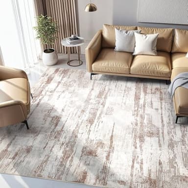 Abstract Living Room Rug 9x12 - Modern Washable Soft Thin Area Rug for Living Room Bedroom Under Dining Table - Neutral Indoor Floor Rug Carpets for Home Office Playroom Nursery - Light Brown - Image 8