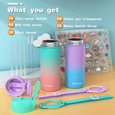 Kids Water Bottle, 2-Pack 16oz Water Bottles with Stickers and Straw, Stainless Steel Vacuum Insulated cup, Kids Water Bottle for School, Gifts for Boys and Girls(Purple/Green) - Image 2