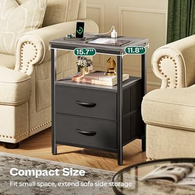 Huuger Night Stand with Charger Station and LED Lights, 2 Drawer Nightstand, Bed Side Table with Open Shelf, End Table, Fabric Dresser for Bedroom, Grey - Image 8