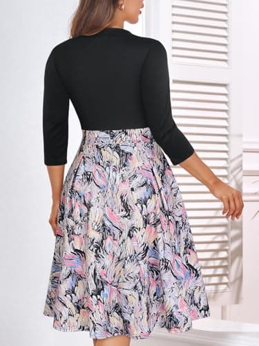 YATHON Women Fall Pocket Pleated A-Line Dress(YT228-黑底多色P1-3/4,M - Image 2