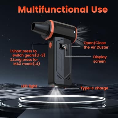 Compressed Air Duster,350,000RPM Turbo Jet Blower with LED Display and Light,4-Gear Adjustable Mini Air Broom,Electric Air Duster for Keyboard,PC,Car and Home,Replace Compressed Air Can (Orange) - Image 5