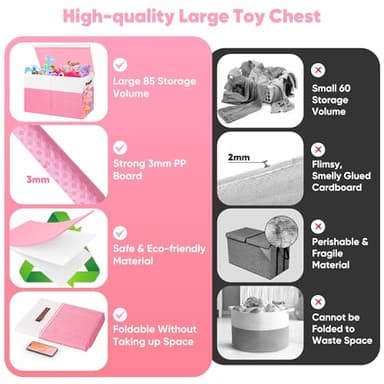 Mabahoo Large Toy Box, Collapsible Sturdy Storage Organize Chest Boxes With Lids, 25"x13"x16" Kids Toy Chest Bin Baskets for Living Room, Bedroom, Nursery, White & Pink - Image 5