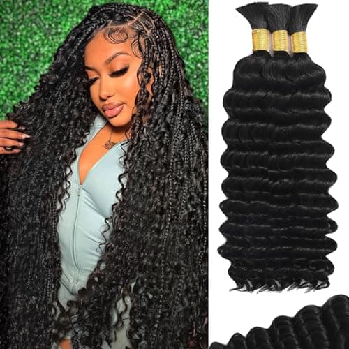 Human Braiding Hair for Boho Braids 120g 20 Inch 12A Deep Water Wave Bulk Human Hair Knotless Boho Braiding Curly 100% Virgin No Weft Extensions Bohemian Braids 3 Bundles/Pack Natural Color - Image 1